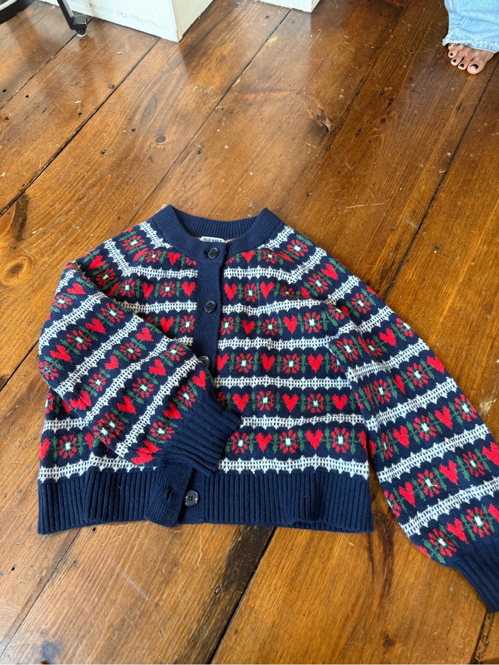 Old Navy Navy Cardigan with Red Fair Isle Hearts